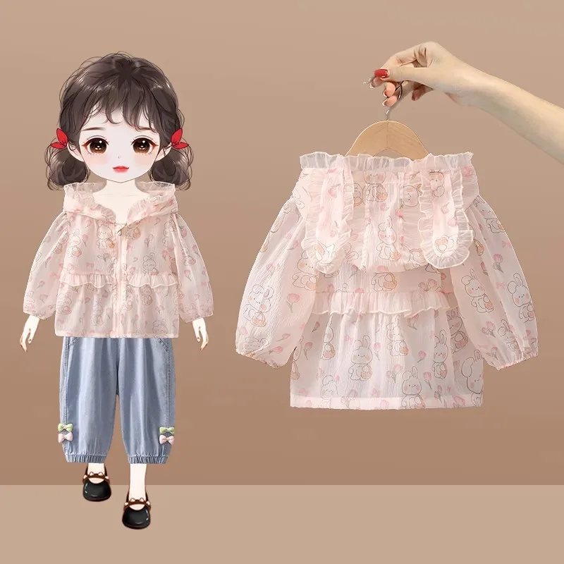 

2023 летняя тонкая куртка с капюшоном и длинным рукавом с милым кроликом для девочек, верхняя одежда