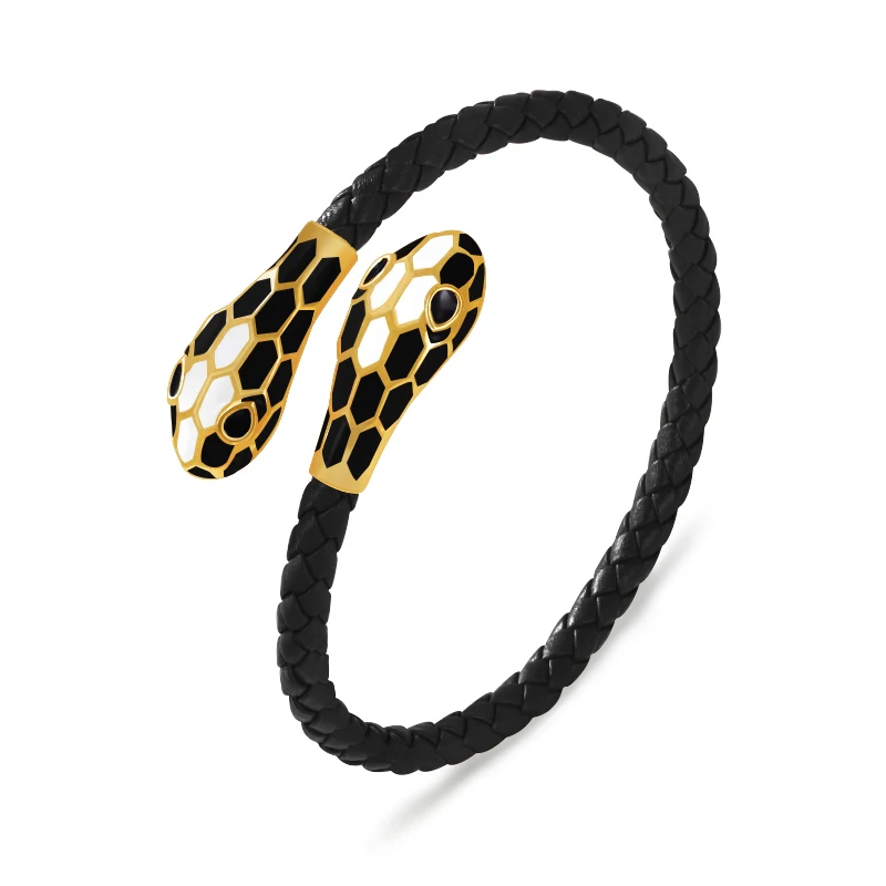 Bracelets MOONLIGHT Classic Style Double Snake Head Cuff Bangles Women Genuine Braided Leather Bracelets Female Fashion Jewelry Gifts