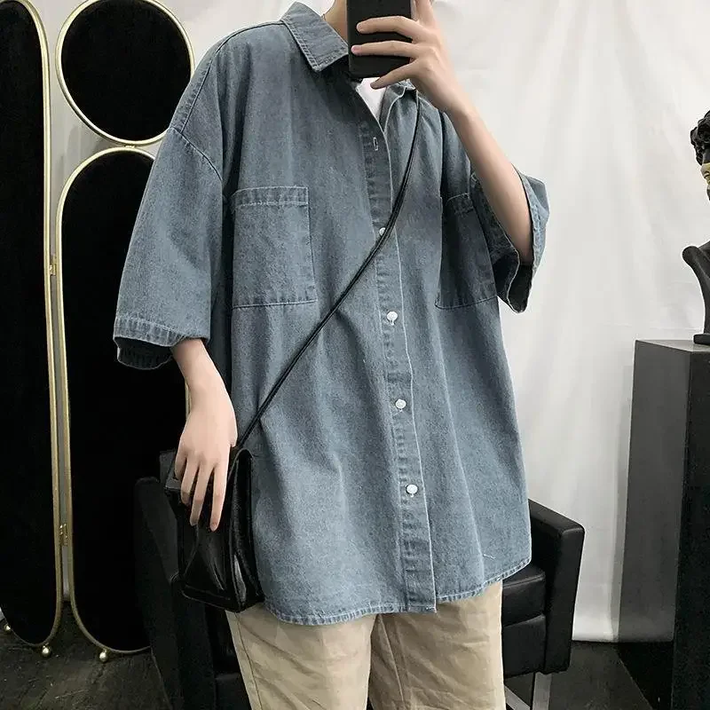 Summer Men's Loose Short Sleeve Denim Shirt Stylish Korean Style Casual Workwear Trendy Top Brand Fashionable Outerwear