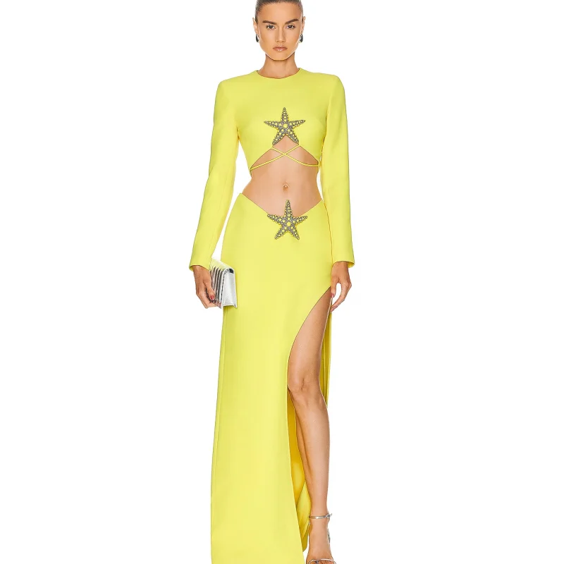 New Autumn Starfish Expose Waist Yellow Woman Set Cropped Top And High Split Long Skirt 2 Pieces Fashion Evening Party Outfit