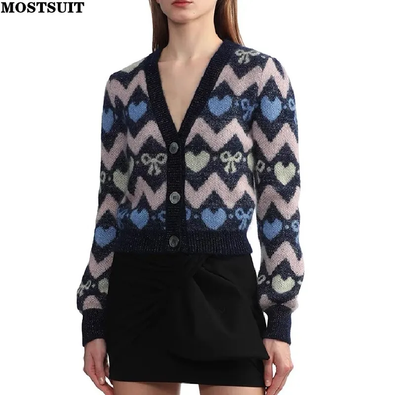 

Bowtie Heart Jacquard Knit Cardigan Sweater Women Long Sleeve V-neck Crop Tops Knitwear 2024 Spring Elegant Vintage Chic Jumpers