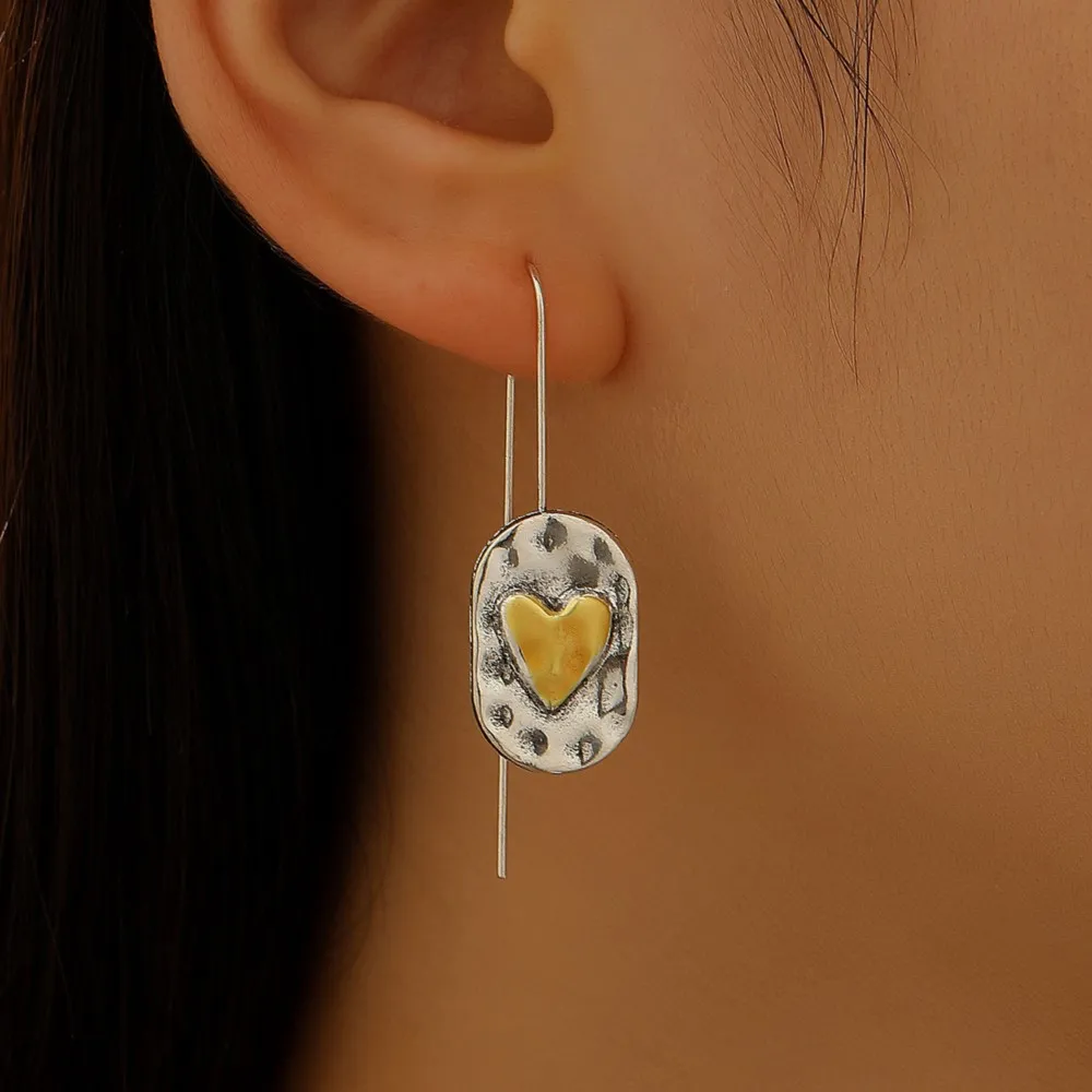 Bohemin Retro Two Tone Heart Drop Earrings for Women Vintage Unique Design Earring Party Jewelry Gifts