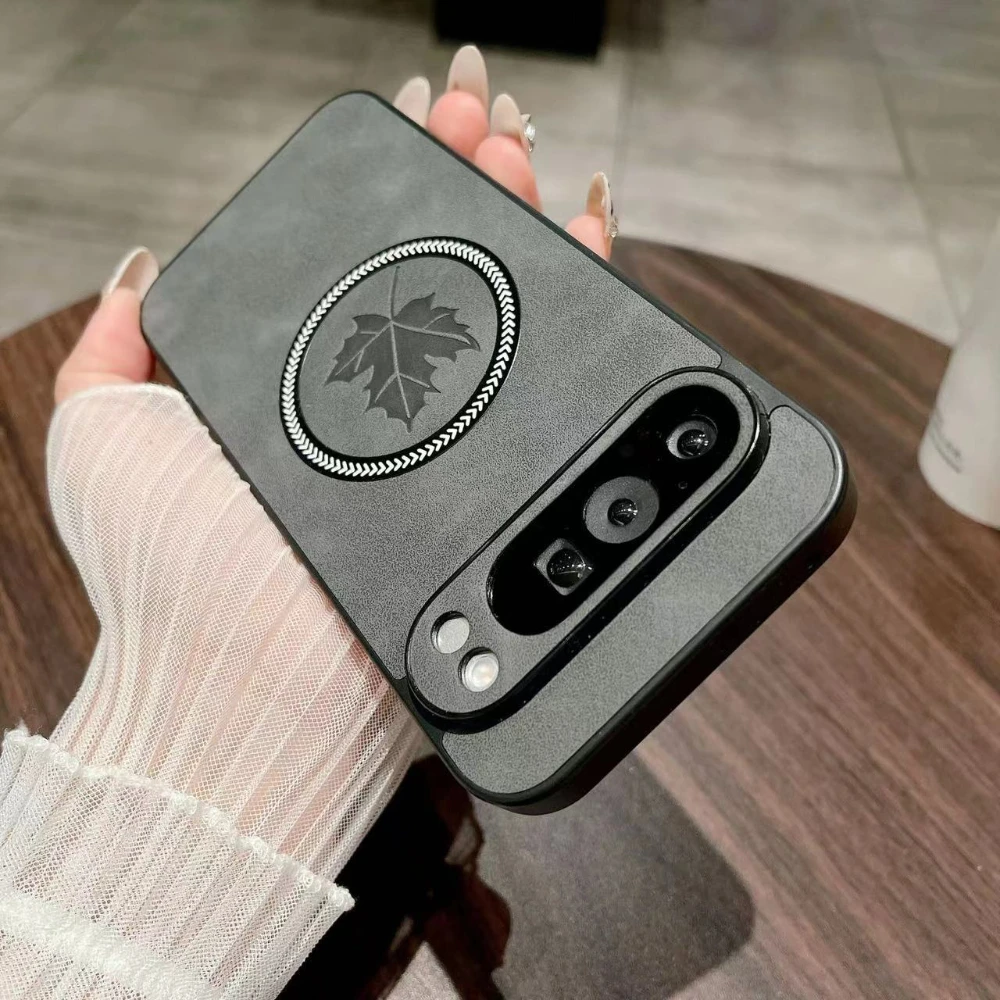 Retro Leather Maple Leaf Magnetic Phone Case with Magsafe Charging Compatibility