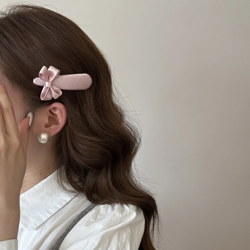 Korean 2026 Trend Elegant Pink Satin Bow Hair Clips Sweet Ribbon Barrettes