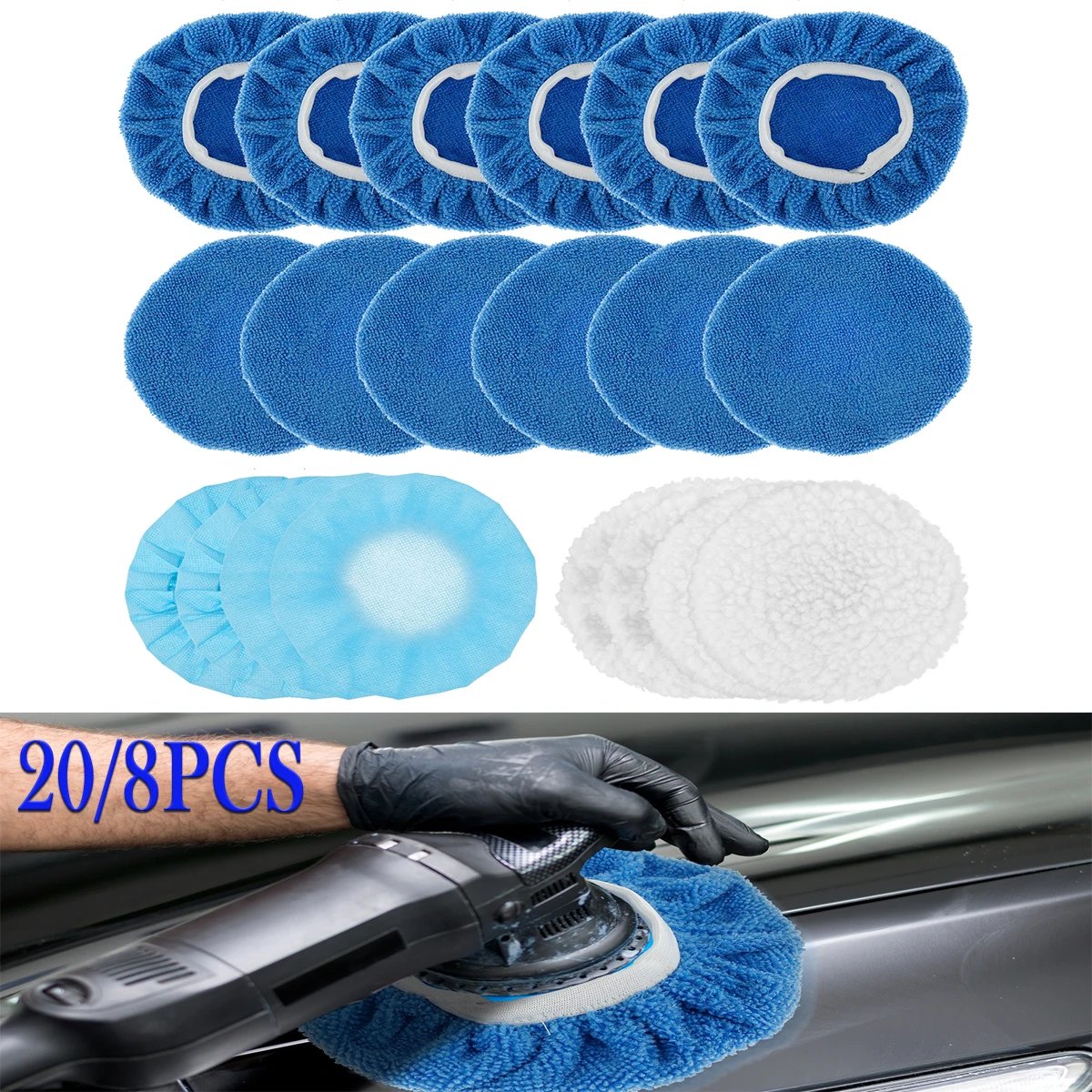 Car Polishing Pad Set 20PCS 5-6in Auto Soft Microfiber Bonnet Polisher Waxing Polishing Buffing Auto Paint Care Buffer Cover