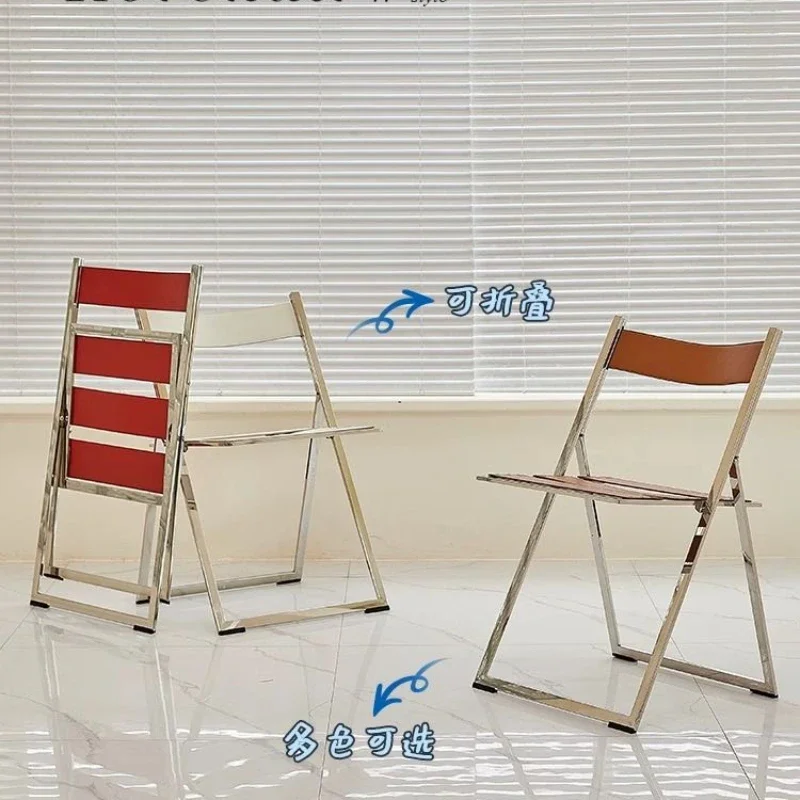 Saddle Leather Dining Chair, Simple Stainless Steel Folding Chair for Home Use, Light Luxury Modern Restaurant Chair