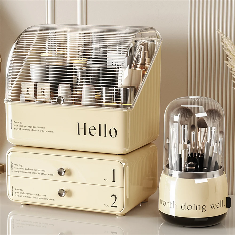 

Desk Makeup Storage Box Makeup Brush Storage Pen Holder Dustproof Lidded Rotating Bucket Lipstick Eyebrow Pencil Storage Box