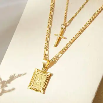 Letter Necklace Layered Initial Cross Necklace, Layering Square Letter Pendant Figaro Chain Cross Choker  for Women Girls ﻿