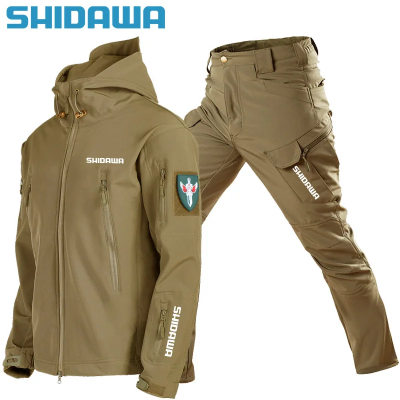 

Autumn Winter Men's Tactical Fleece Fishing Suits Outdoor Hiking Camping Waterproof Hooded Clothes Windproof Warm Jacket + Pants