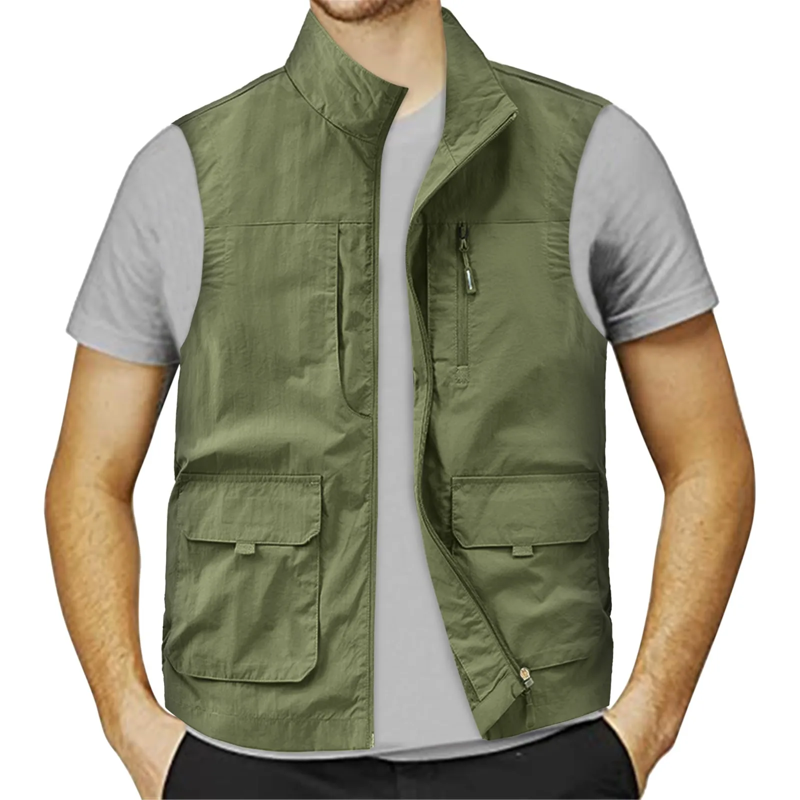 

Men's Summer Vest Solid Color Style Waistcoat Male Outdoor Thin Fishing Hiking Tooling Multi-Pocket Casual Loose Vest for Men