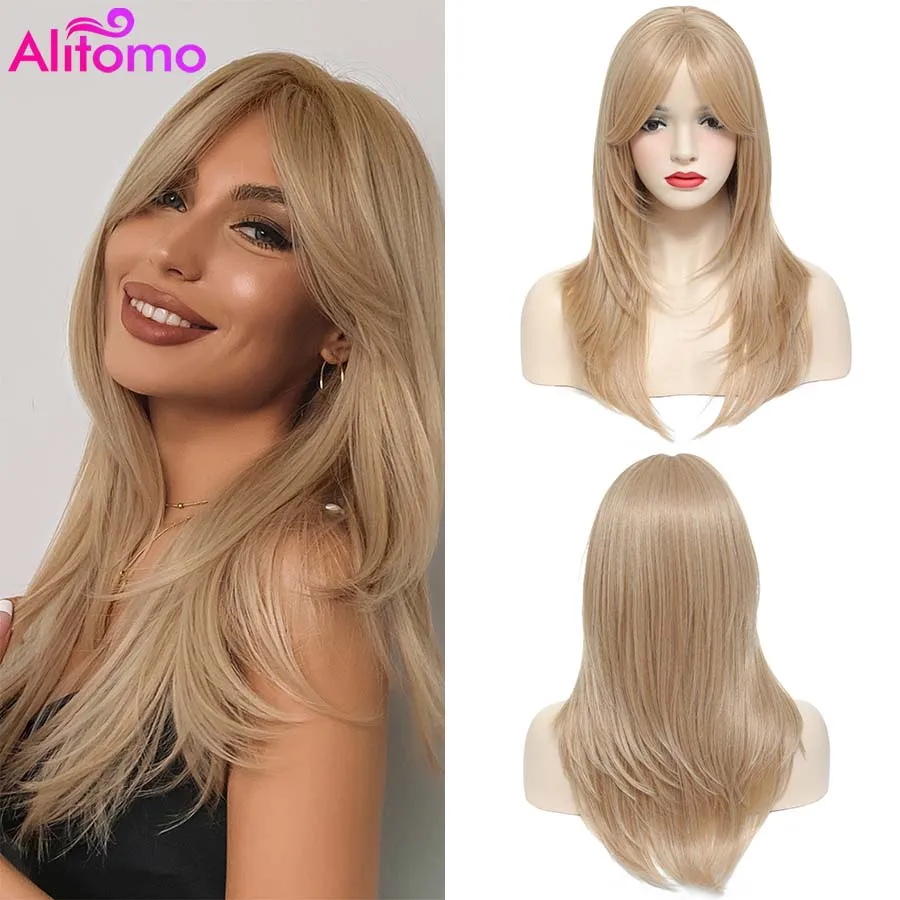 

Long Straight Wigs Blonde Copper Red Wine Ash Wigs with Bangs for Party Heat Resistant Synthetic Natural Wigs for White Wome