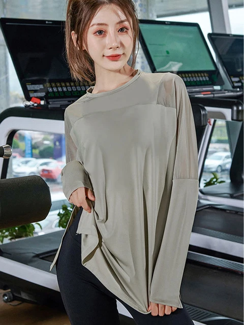 Splicing Yoga Loose Long Sleeve Top Side Slits Sports Shirts Women Quick  Dry Fitness Blouses Gym