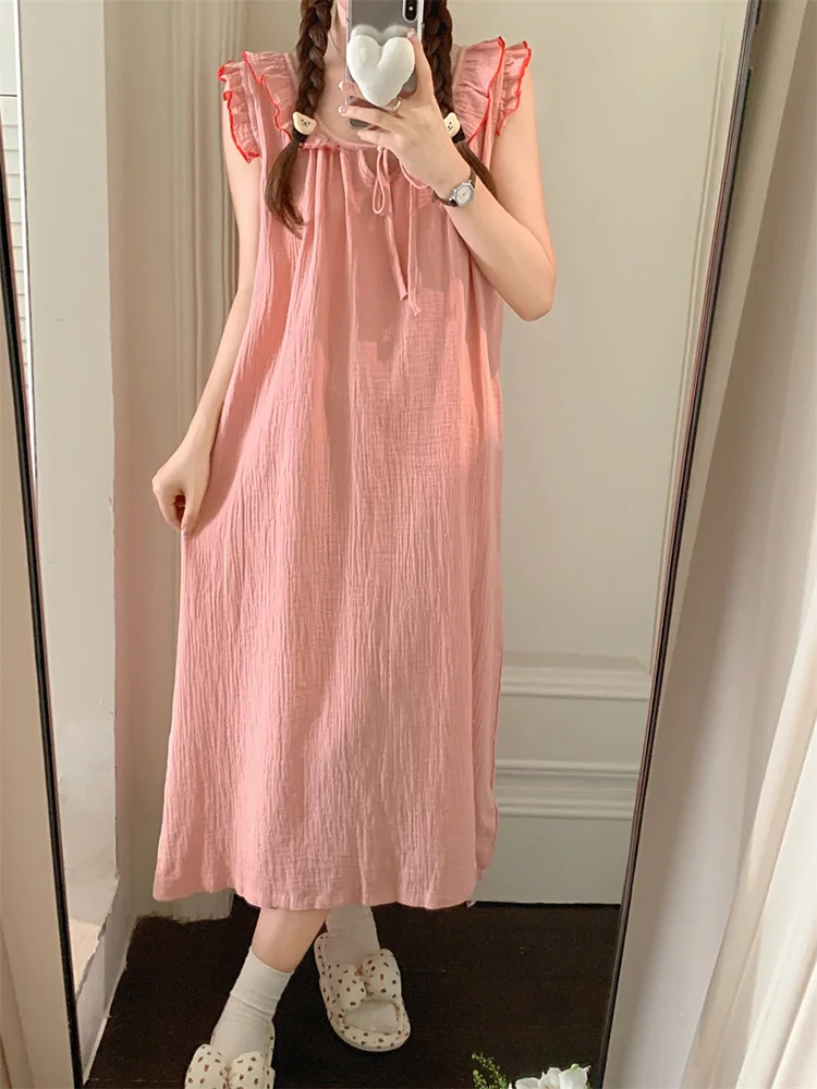 Korean Style Soft Summer Solid Sleeveless NightDress Women Princess Simple Kawaii Girlish Style Short Sleeved Pajama Set Ins