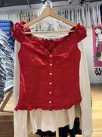 Blue Plaid Fungus T-shirt Women V Neck Single Breasted Puff Sleeve Slim Folds Tee Shirts Summer New Sweet Chic Casual Crop Tops - Image 3