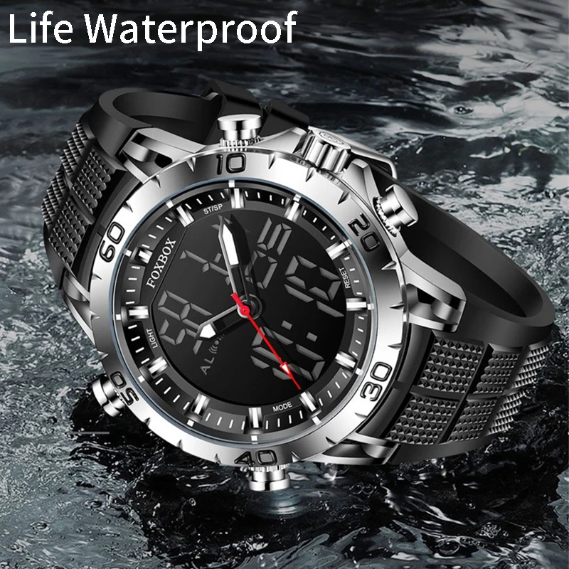 FOXBOX Luxury Dual Display Men Watches Waterproof Sports Watch Military Man Alarm Stopwatch Quartz Wristwatch Male Digital Clock