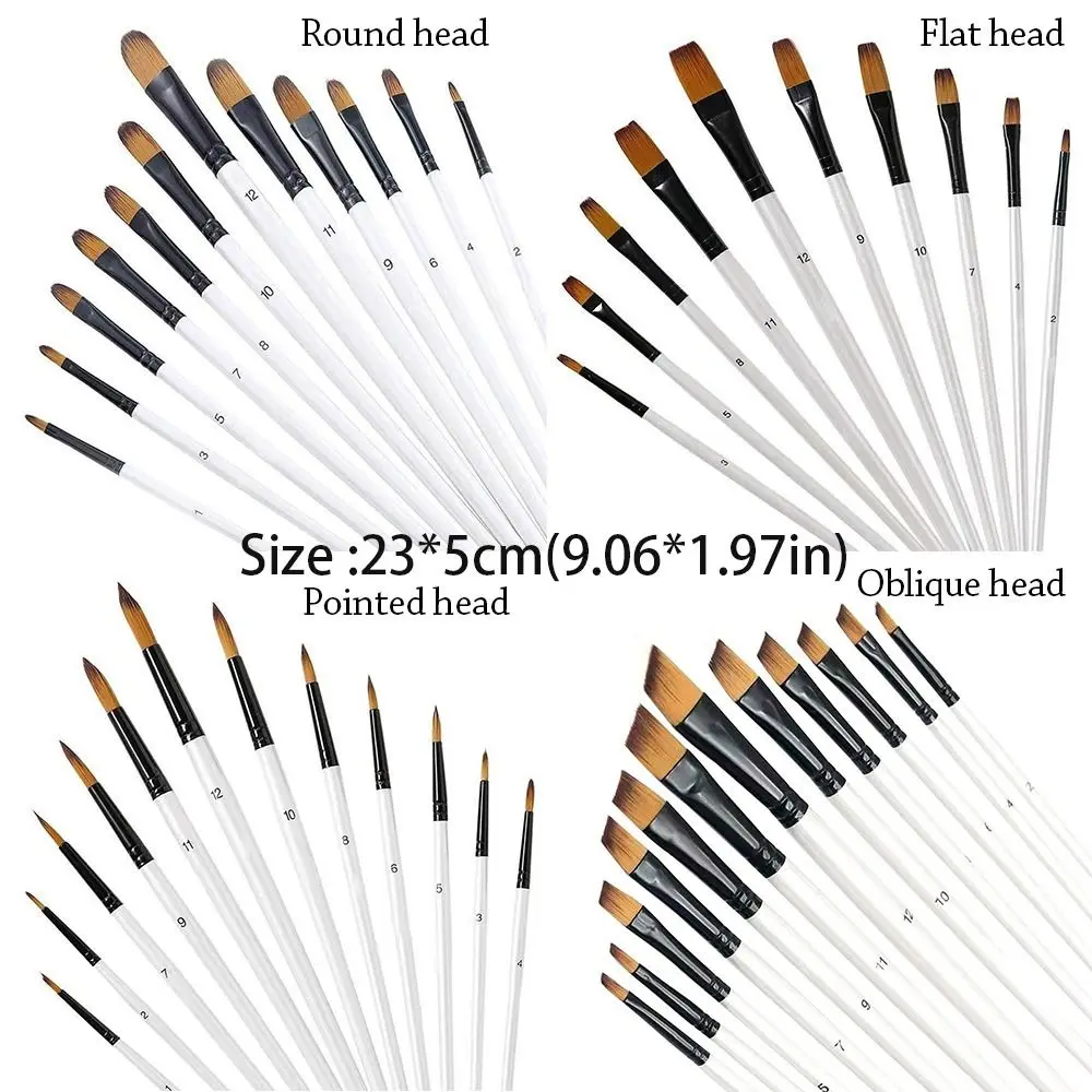 12Pcs Nylon Watercolor Brush Set Soft Hair Pointed Round Flat Head Painting Brushes Artists Beginner's Art Hand Drawn Watercolor