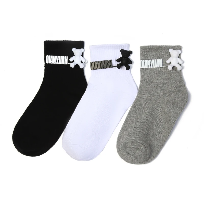Black and White Pure Color Tube Socks Female Pin Bear Lovely Personality Tide Socks INS Korean Students Long Tube Cotton Socks