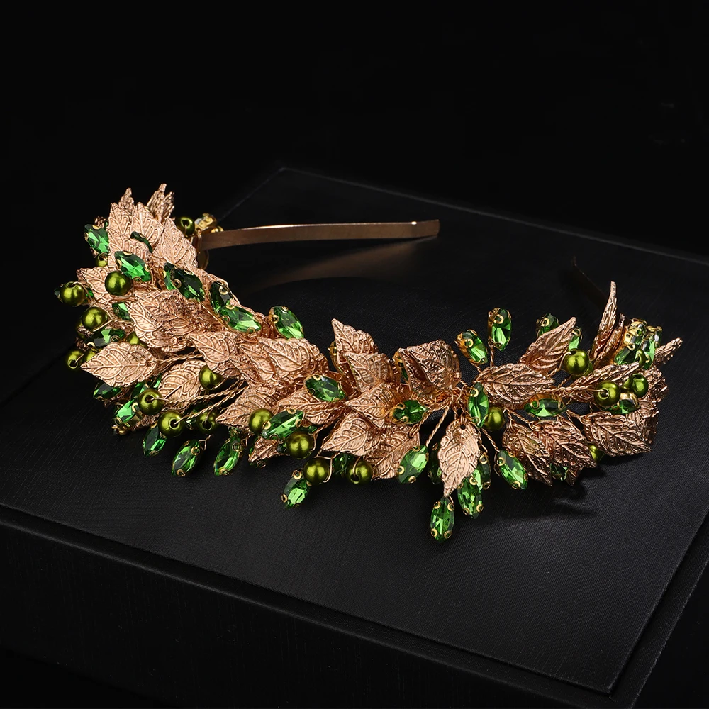 Bridal Crown Headband Hair Accessories for Women Pearl Rhinestones Diamonds Leaves