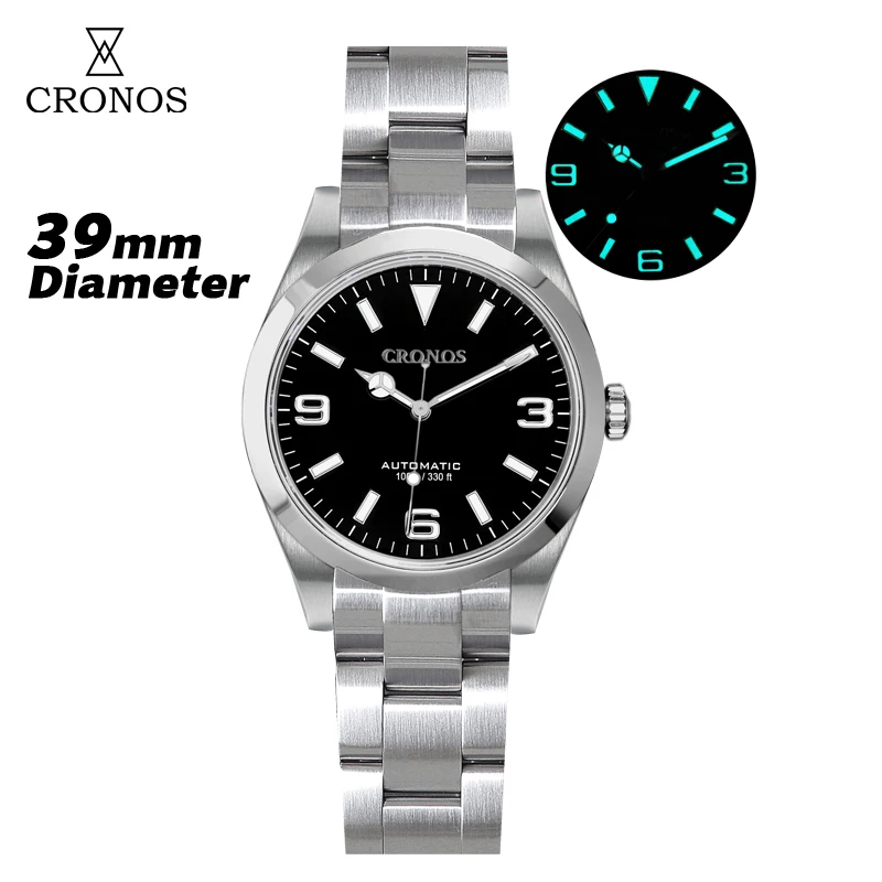 Cronos EX 다이버 기계식 남성용 시계, 39mm 오토매틱 사파이어 유리 부시드 팔찌 10ATM L6016