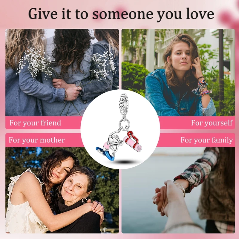 Creative 925 Sterling Silver Pink Sports Girl Yoga Mat Double Charm Fit Pandora Bracelet Women's Sports Party Accessories