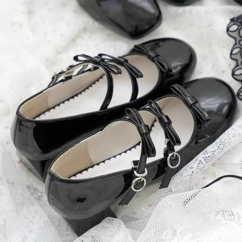 

Sweet Chic Bow Double Buckle Women Shoes Mary Janes Round Toe Zapatos Mujer Lolita Style High Heels Japanese Autumn Tacones