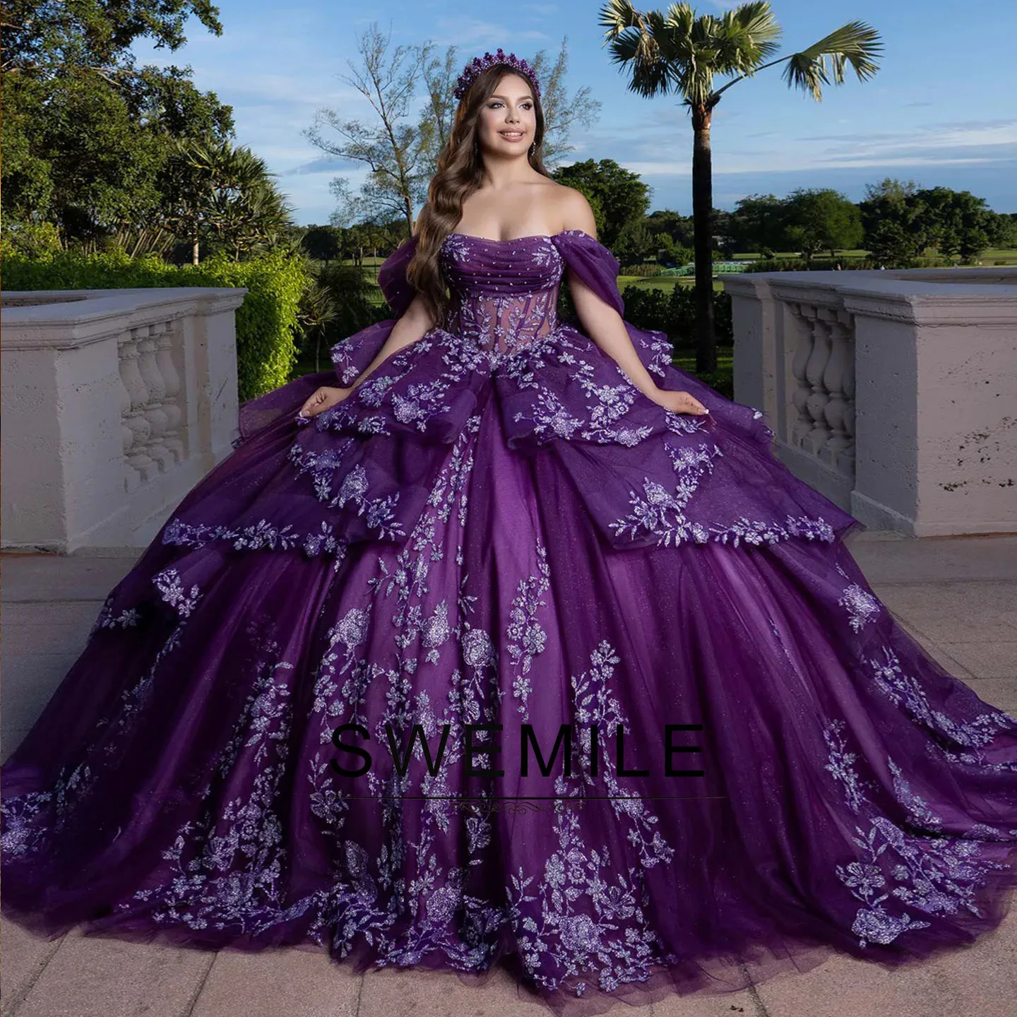 Tiered Dark Purple Quinceanera Dresses Appliques Pleated Off the Shoulder  Bow | eBay