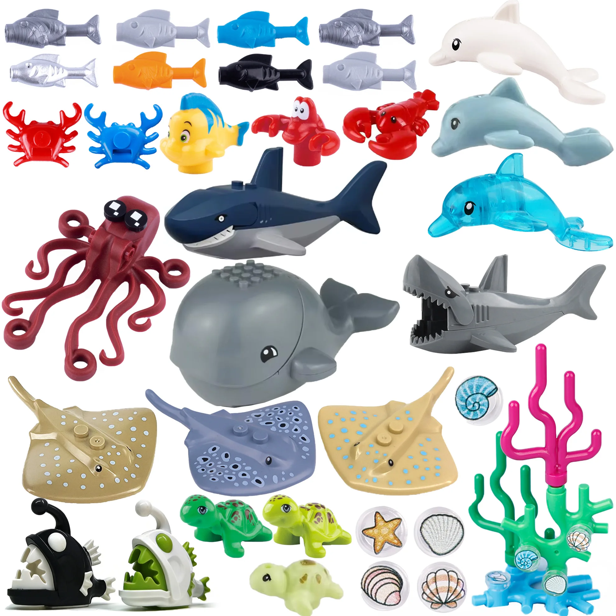 MOC Meerestiere Bausteine Teufelsrochen Hai Delfin Anglerfisch Koralle Muschel Seestern Oktopus Bausteine Spielzeug