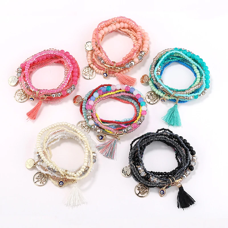 Bracelet jewelry Bohemia Evil Eye Tassel Charm Beads Bracelets Set Bangles For Women Multilayer Crystal Heart Life Tree Charm Wristband Gifts