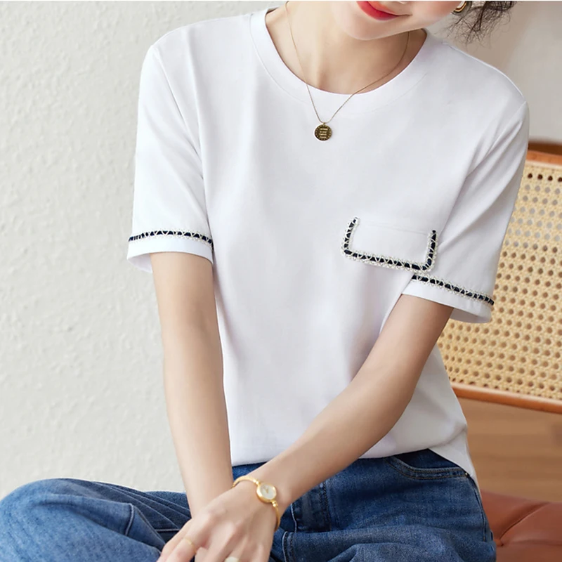 

Korean Fashion Womens Clothing Basic White O Neck Short Sleeve T Shirt For Women 2023 Summer Tee Shirt Femme Tops Cotton Tshirts