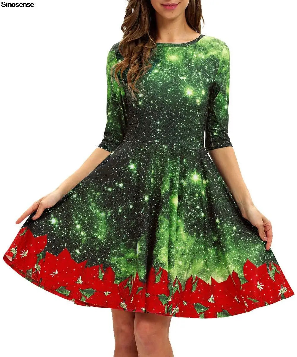 

Women Ugly Christmas Dress New Year Eve Xmas Midi Dress 3D Space Galaxy Printed Short Sleeve Slim A Line Holiday Party Dress