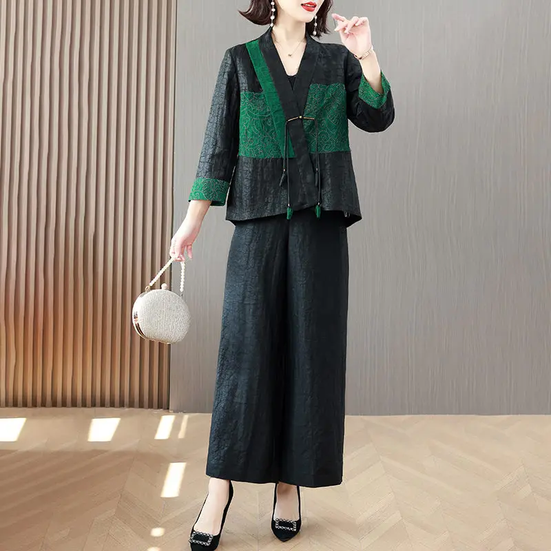 

Осень 2023, куртка, топ, винтажное Модное Элегантное утепленное шелковое пальто с принтом, женский кардиган, брюки с широкими штанинами, костюм Z3047