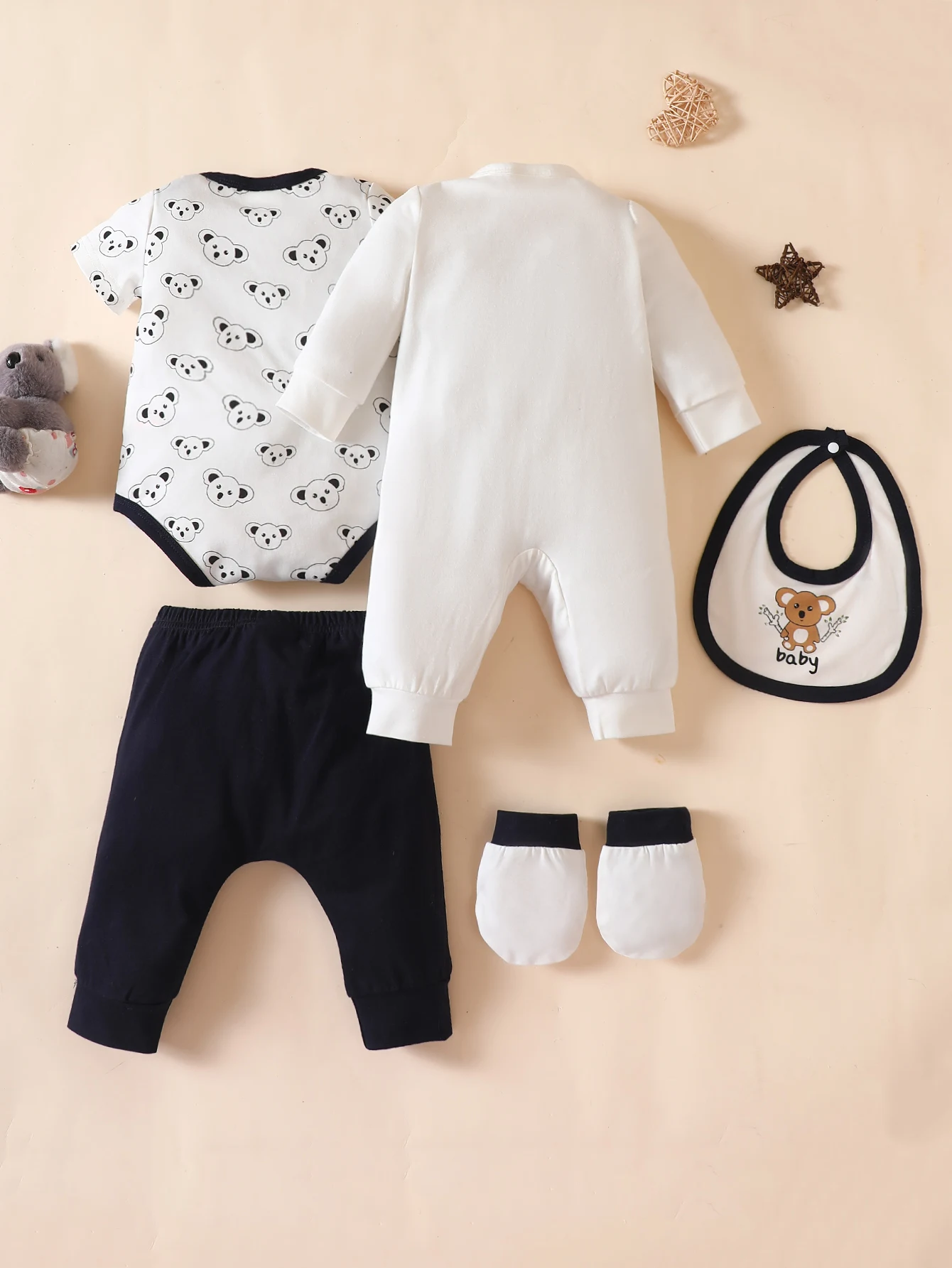 5PCS All-Season Wearable Boys Suit Teddy Bear Jumpsuit Open Button Solid Color Pants Scarf Socks Baby Children's Clothing