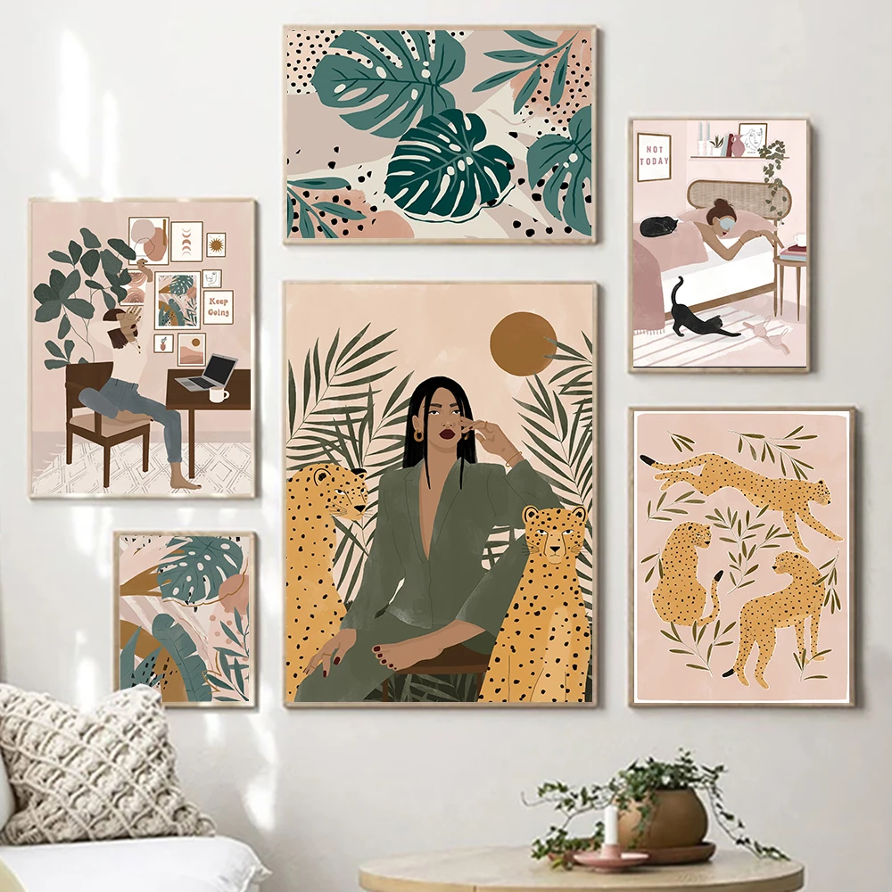 

Abstract Tropical Monstera Girl Cheetah Boho Wall Art Canvas Painting Posters And Prints Wall Pictures For Living Room Decor