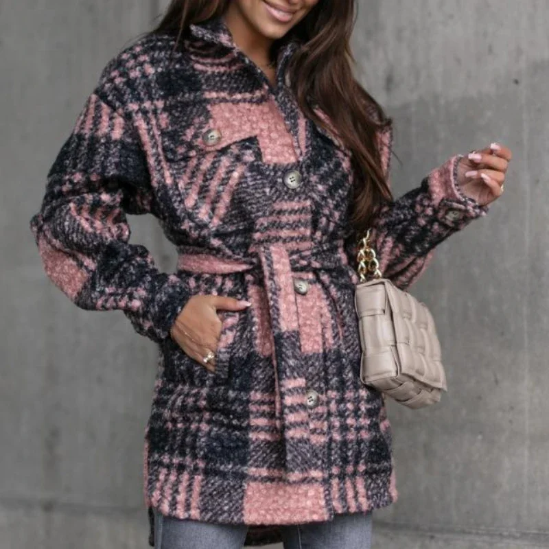 Autumn and Winter 2021 Fashion Strappy Plaid Woolen Coat Lapel Single-breasted Temperament Mid-length Casual Women's Clothing