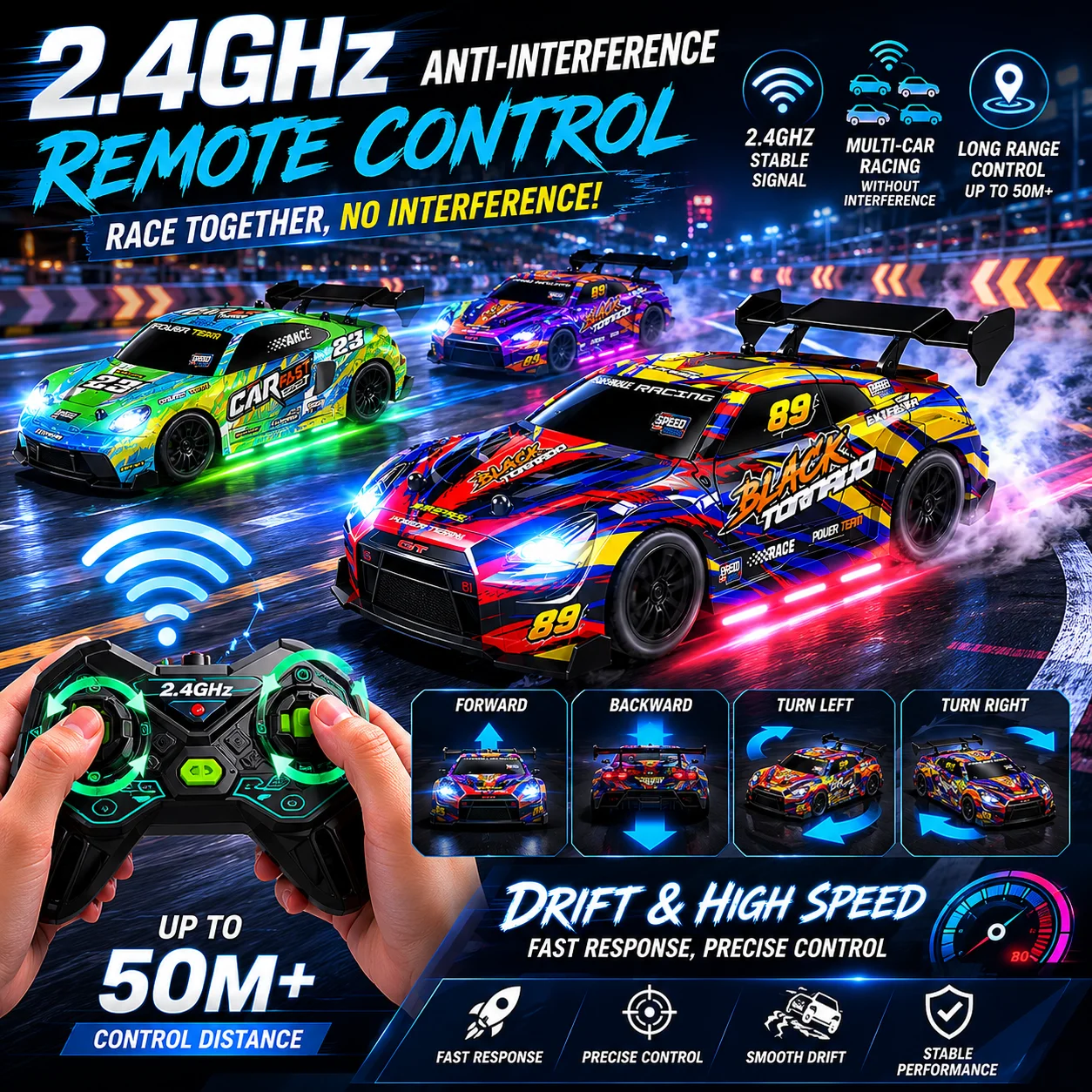 Gros plan sur les roues crantées et la suspension de la voiture RC 27MHz 2.4G, conçue pour le tout-terrain.