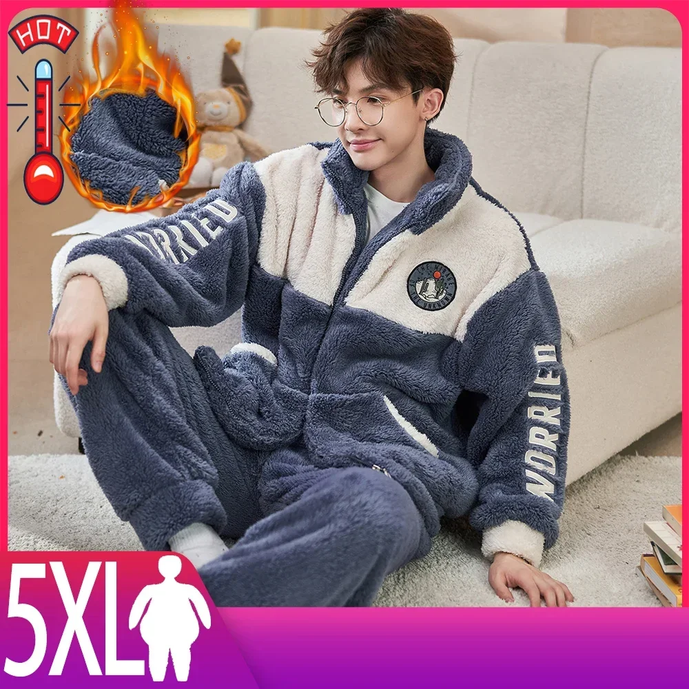 5XL Men's Winter Warm Sleepwear Pajamas Sets Flannel Home Clothes Fleece Thick Warm Nightwear pajamas set flannel pajamas set man pajamas set