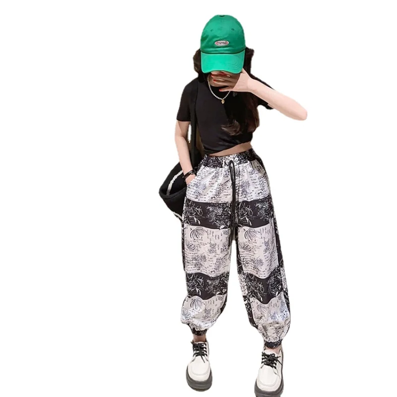 

Girls Outfit Set Summer Black Crewneck T-shirt + Elastic Waist Print Patchwork Pant 2pcs Streetwear Children's Clothing 4-14 Yrs