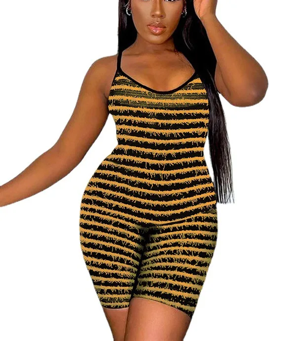 Jumpsuits Women Summer 2023 Summer Fashion Casual Muscle Striped Suspenders Hip Lift Jumpsuit Shorts