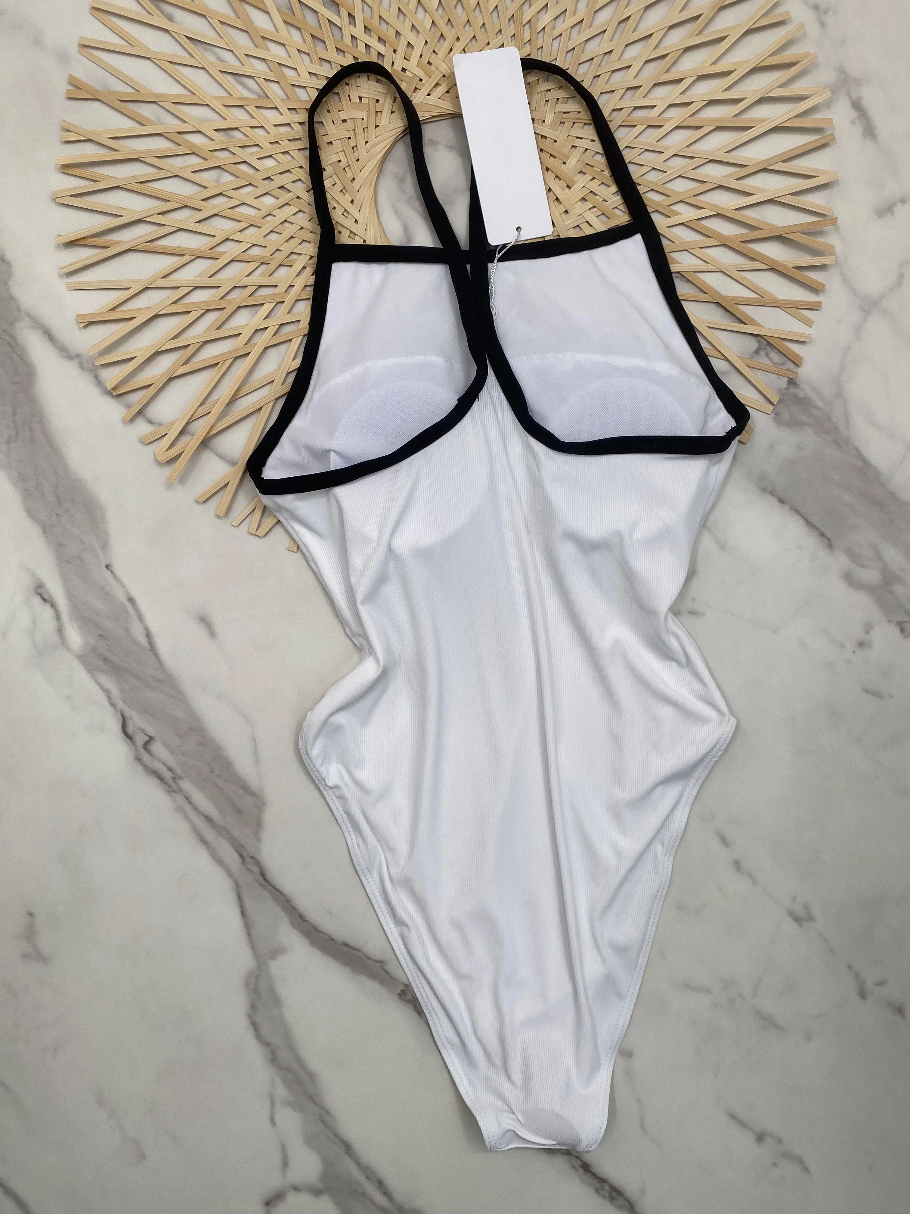 Belly-covering one-piece suspender black and white contrasting color slimming swimsuit