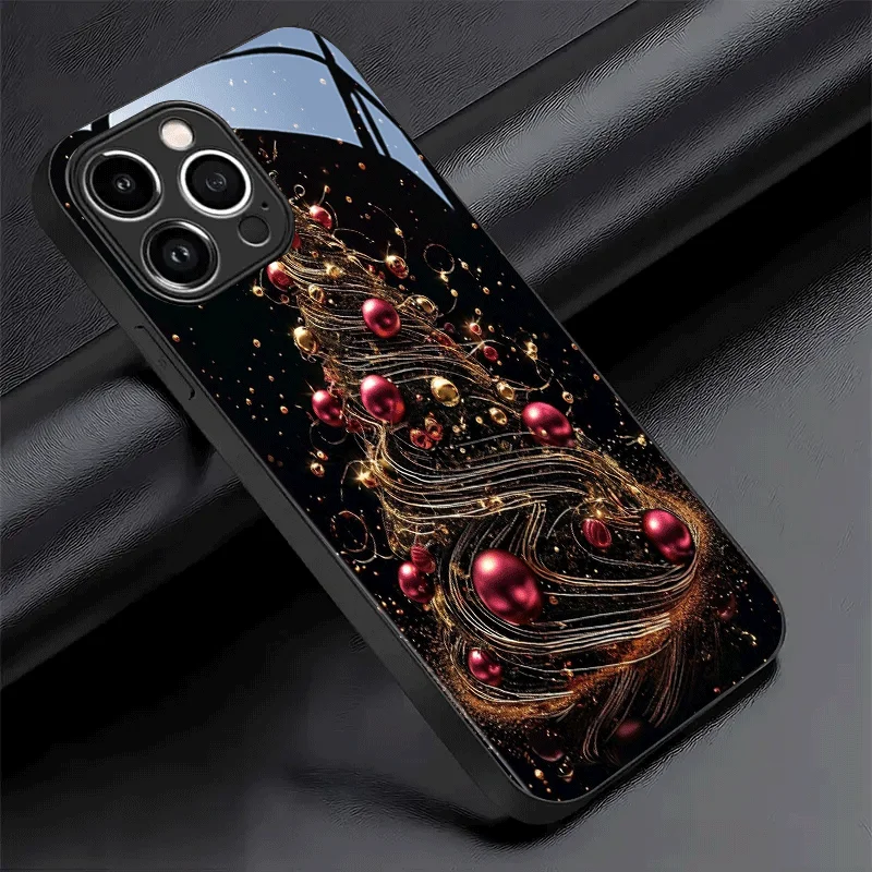 Black Tempered Glass Phone Case with Ornate Red and Golden Christmas Tree Design