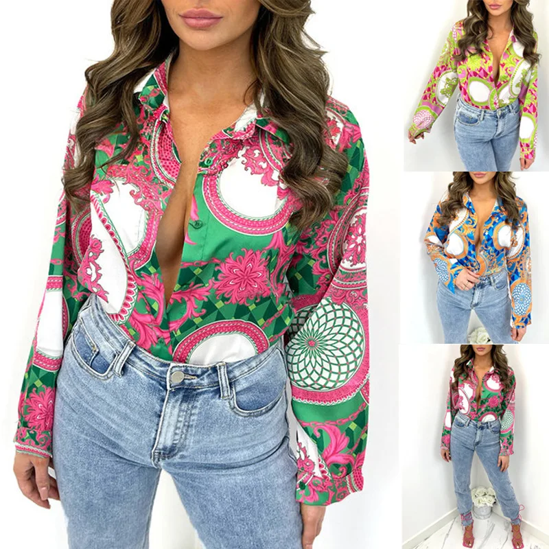 

Spring And Summer Women's Fashion Sexy Casual Long Sleeve Button Up Lapel Printed Shirt