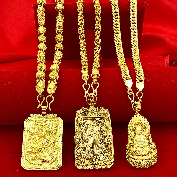24 K Gold Necklace Men Dragon Guan Gong Pendant 9999 Real Gold Necklace