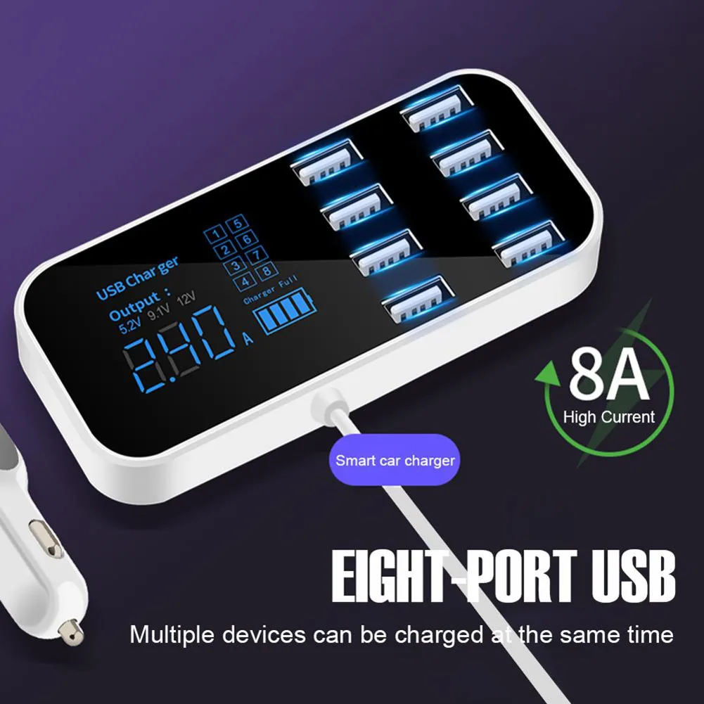 

8-Port USB Car Charger Fast Car Charger 40W 8 Port Multi USB Hub LCD Display 12V Universal Phone Charger Adapter 2.4A