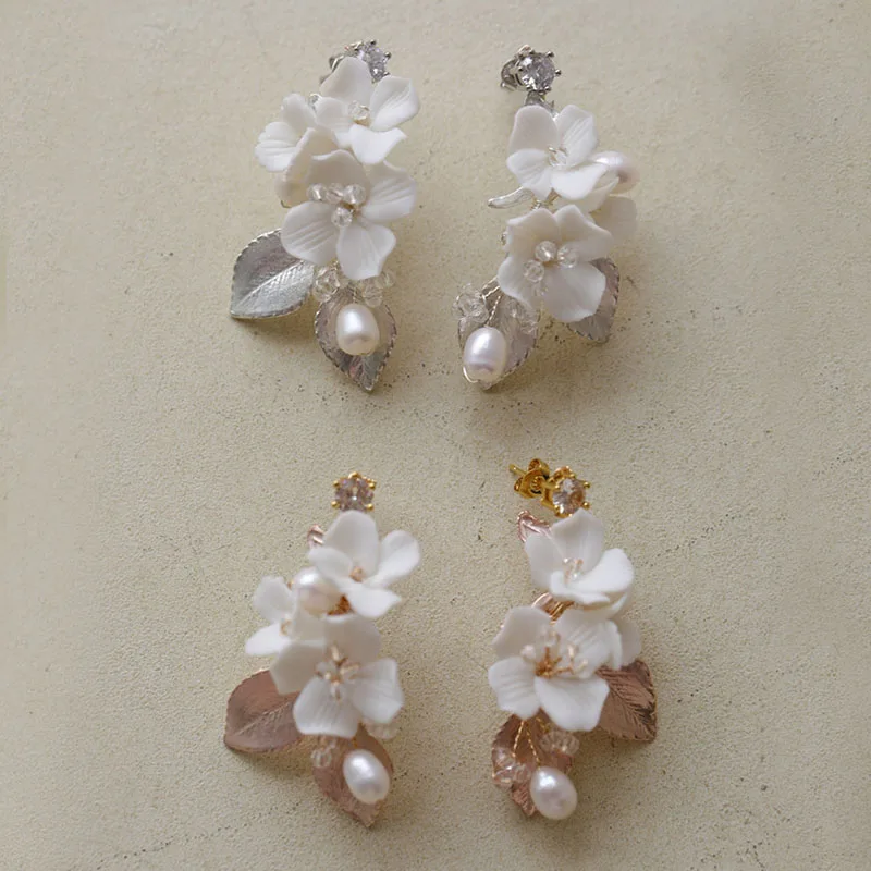 SLBRIDAL Handmade Freshwater Pearls Ceram Flower Bridal Hair Comb Earrings Set Wedding Headpieces Women Jewelry Hair Accessories