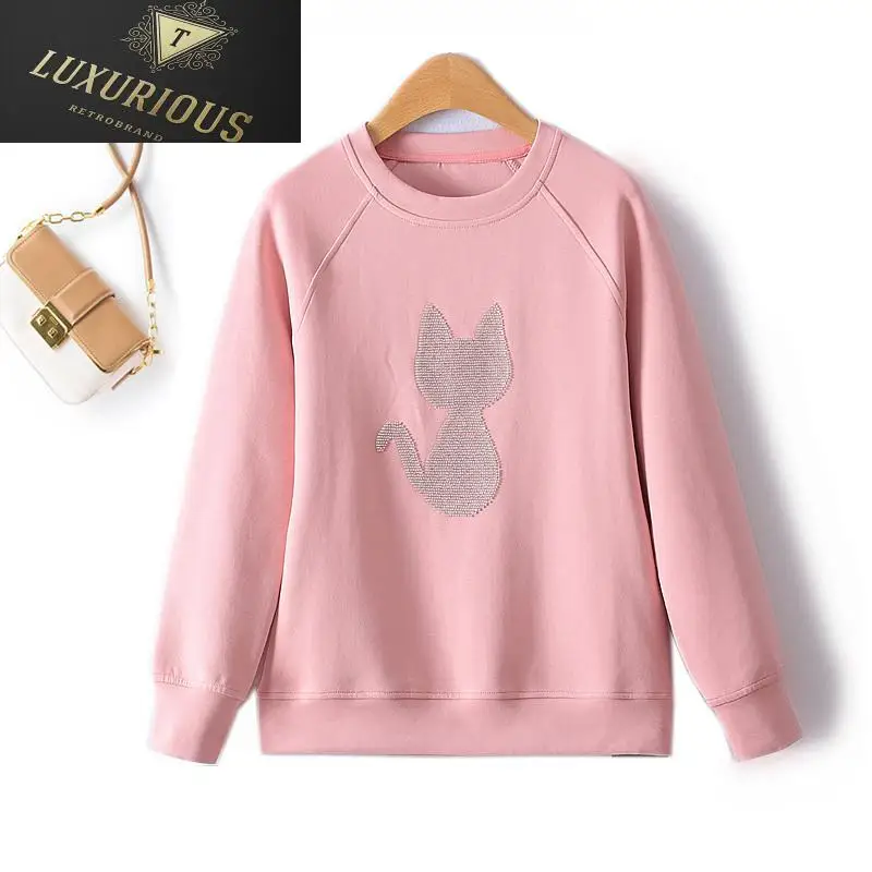 

Sweatshirts 2023 Autumn Winter New Sweet Style Beaded Cat Picture O Neck Simple Straight Space Cotton Women Sweater 4XL