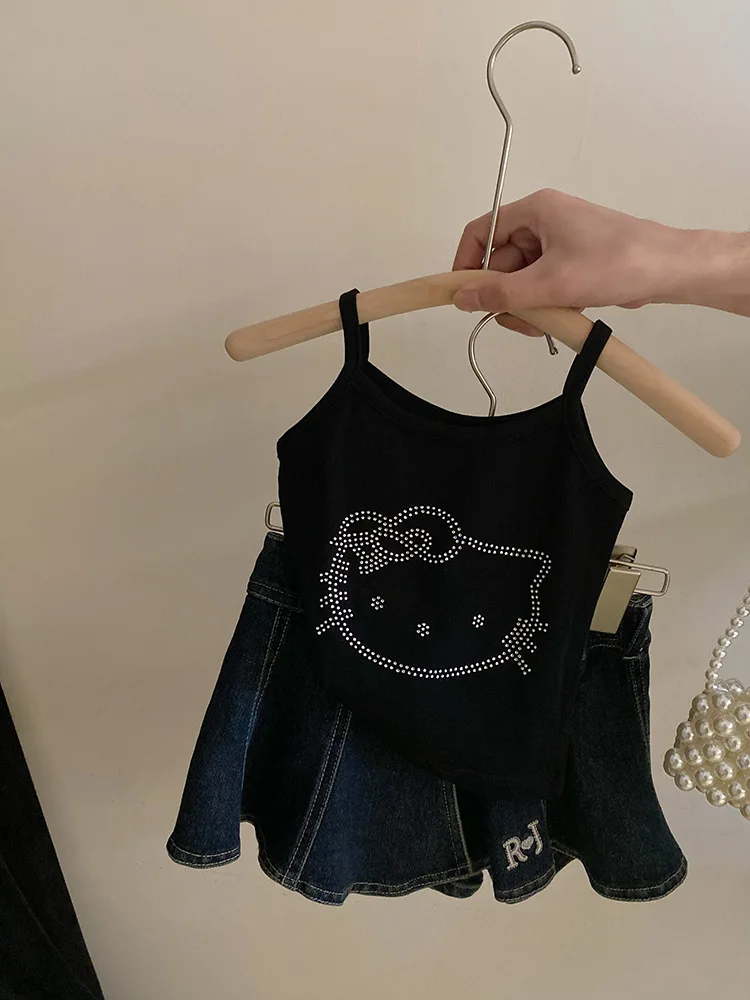 

2024Summer New Girls' Cat Rhinestone Strap Design Letter Embroidered Denim Culottes Two-Piece Set-WS