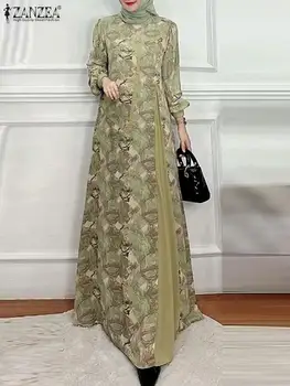 ZANZEA Women Fashion Long Sleeve Muslim Dress Patchwork Abaya Hijab Dresses Islamic Robe Femme Bohemain Floral Printed Sundress