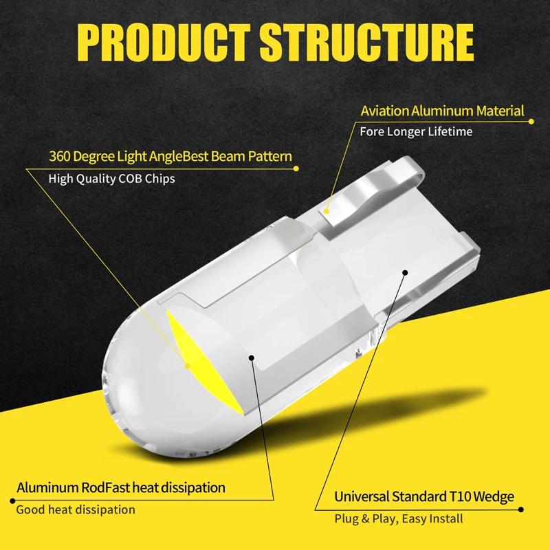 LED Lamp Bulb 10 Pcs T10 LED Socket W5W Glass COB 6000k
