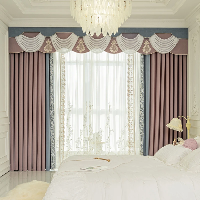 

Custom curtain light luxury American bedroom advanced simple modern purple cloth blackout curtain tulle valance drape C1525