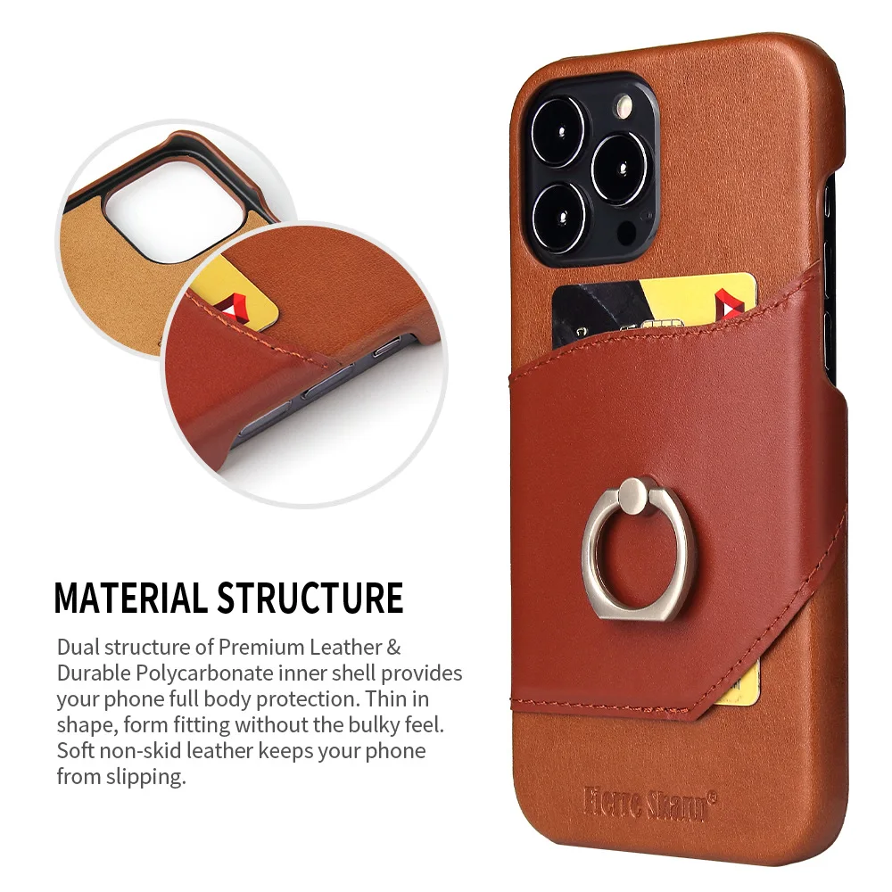 Genuine Leather Wallet Credit Card Slot Back Cover For iPhone 15 Pro Max 14 13 12 11 Pro Max 15 Plus 13 Pro Max Ring Case